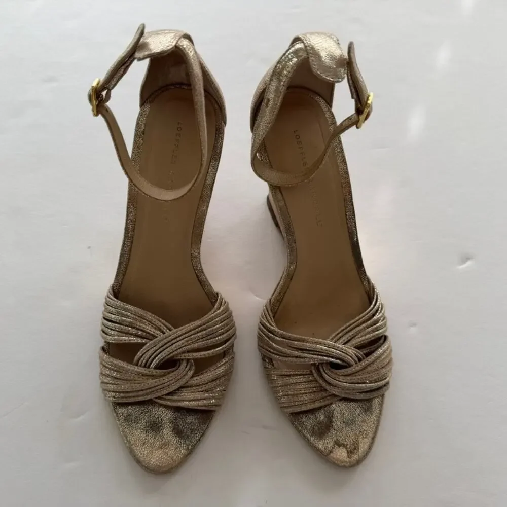 Loefller Randall Allegra Wedge Heels Sandals Gold Size 9 Open Toe Ankle Strap